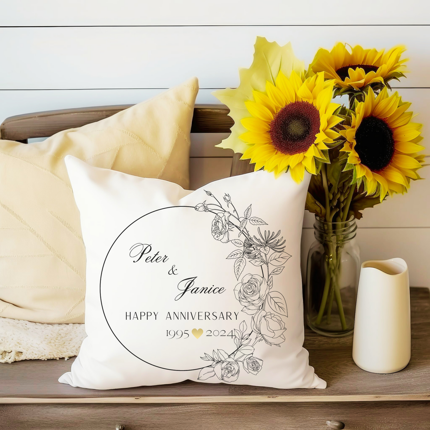 Personalized Anniversary Pillow; Custom Floral Wreath Cushion
