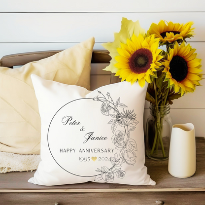 Personalized Anniversary Pillow; Custom Floral Wreath Cushion