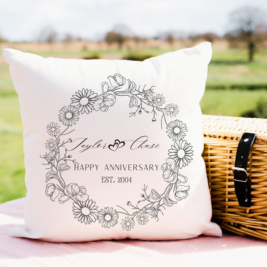Personalized Anniversary Pillow; Custom Floral Wreath Cushion