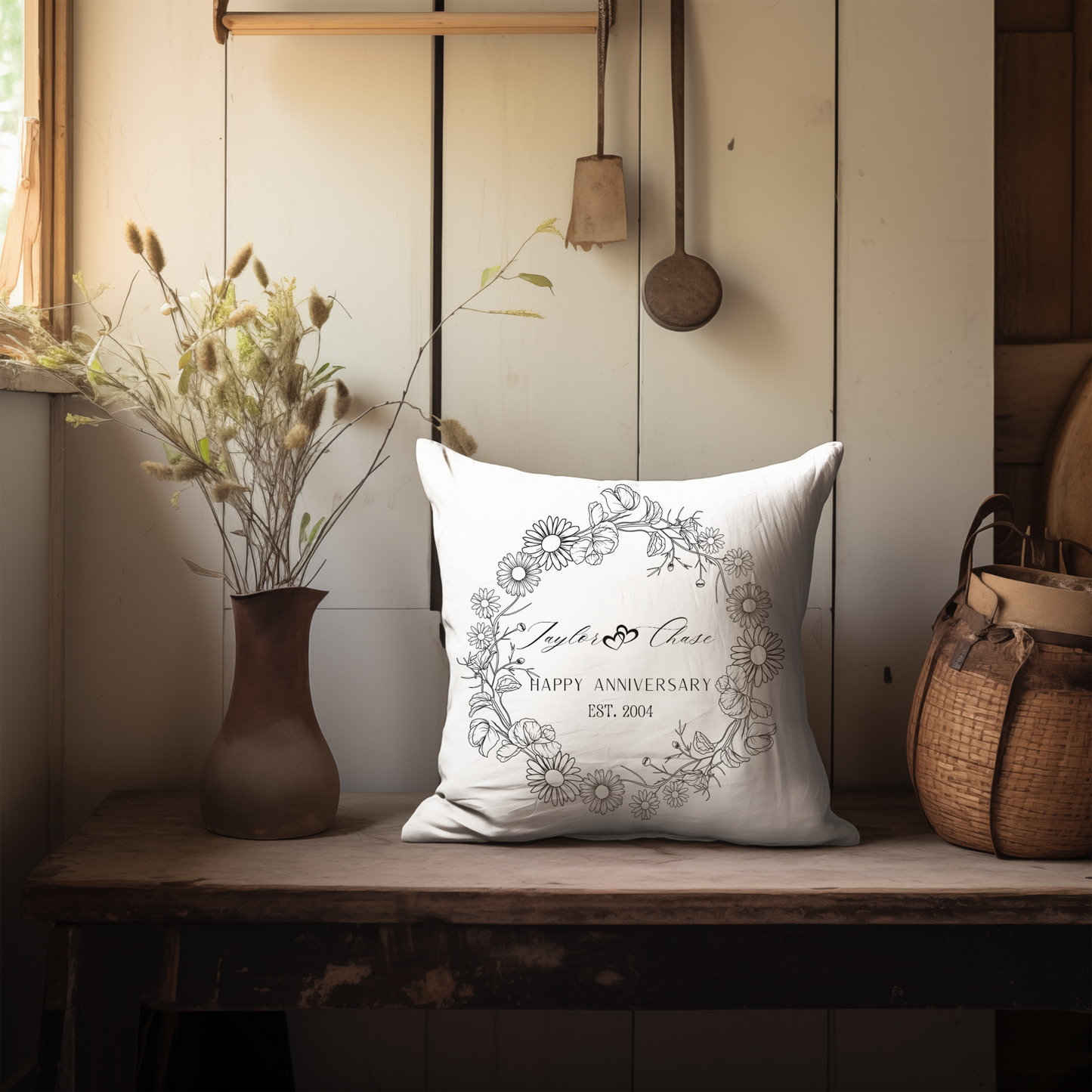 Personalized Anniversary Pillow; Custom Floral Wreath Cushion