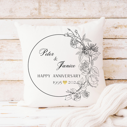 Personalized Anniversary Pillow; Custom Floral Wreath Cushion